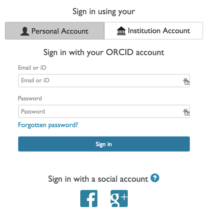 ORCID Sign-in with options to sign in using institution, facebook or google credentials